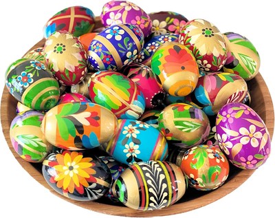 Polish Easter Hand Painted Wooden Decorative Eggs Pisanki Set of 6 Large Eggs