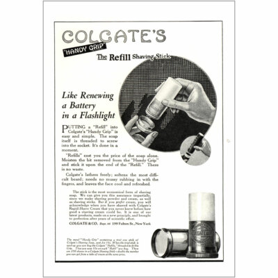 1922 Colgate Refill Shaving Stick: Like Renewing a Battery Vintage Print Ad