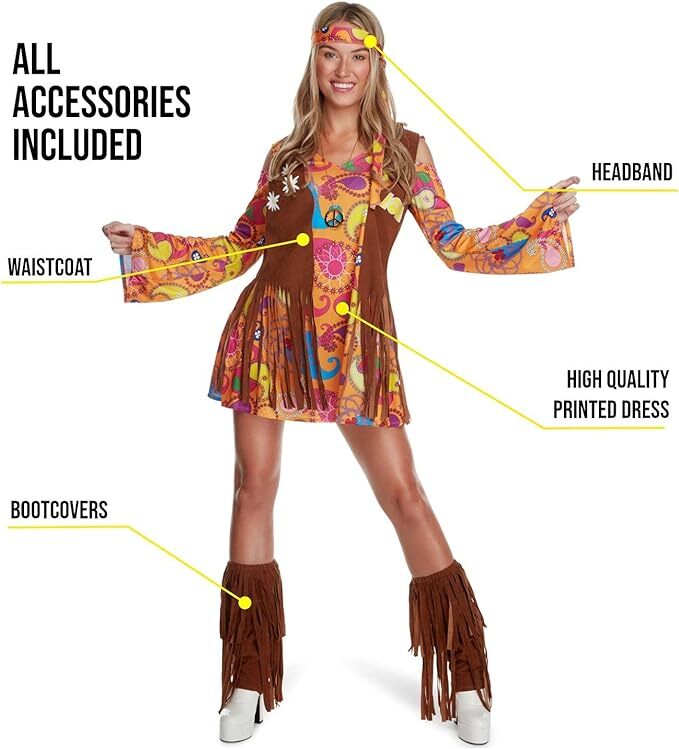 Women`s 1960s Hippie Costume S - XL 70s Ladies Hippy Mini Dress