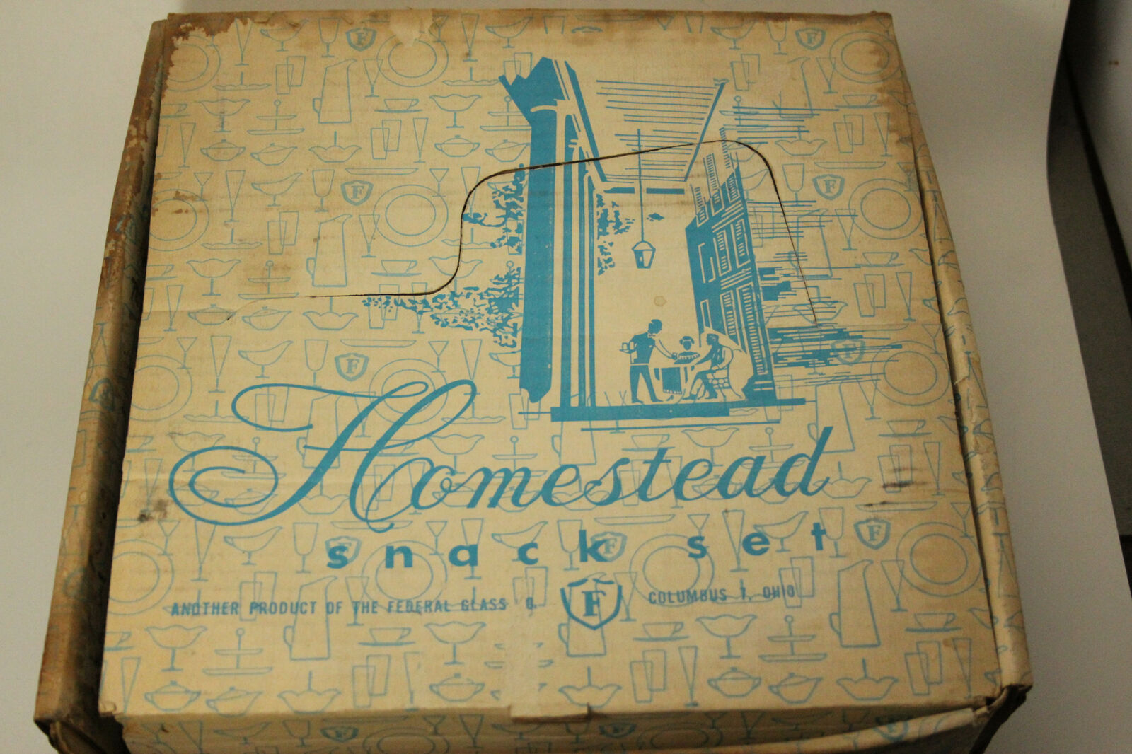 Vintage Federal Glass Homestead Snack Set Wheat specify Blue/Black box  ANT2742