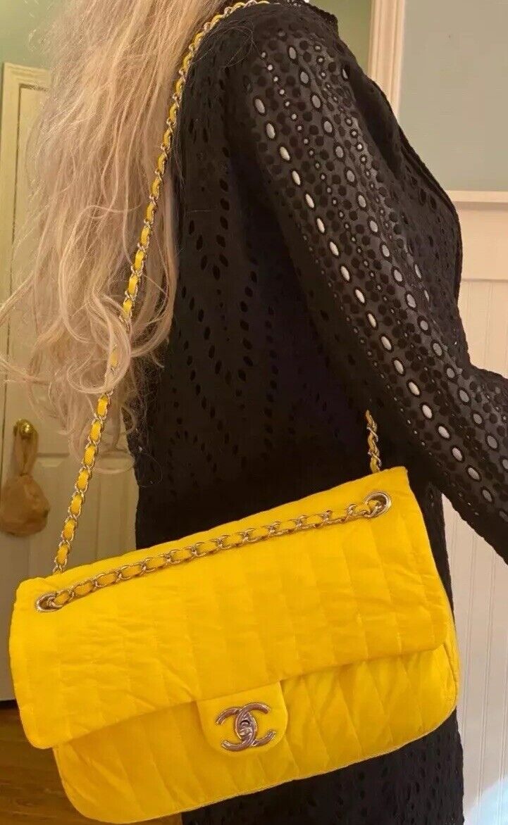 RARE Chanel 2012 Yellow Nylon Vintage Logo CC Leather Chain RARE Chanel 2012 Yellow Nylon Vintage Logo CC Leather Chain