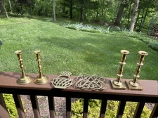 Vintage Lot Brass items incl. Candle holders and Virginia Metal crafters Trivets