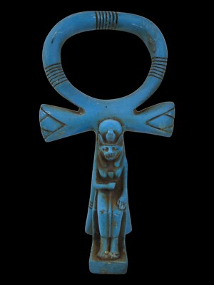 UNIQUE ANCIENT EGYPTIAN ANTIQUE Blue Key of Life Seated God Sekhmet Hieroglyphic