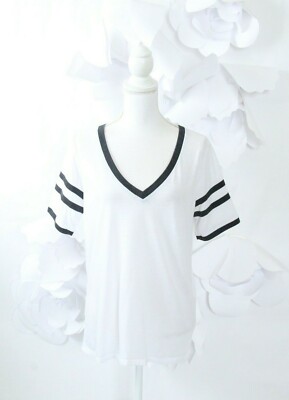 CHASER T-Shirt Top Oversized Women's M White Striped V-Neck Casual