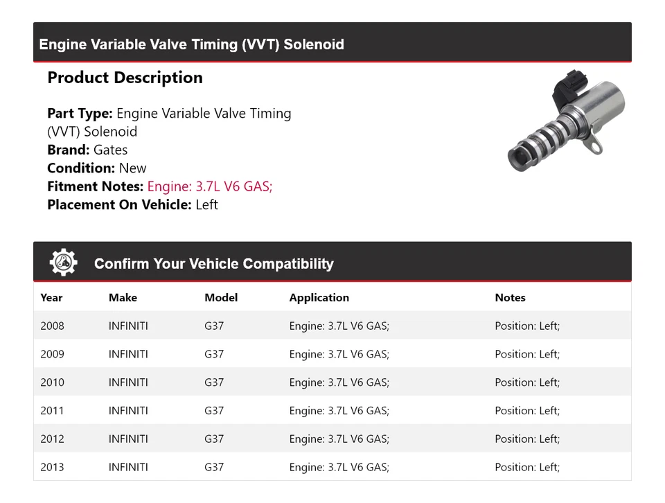 Para Infiniti G37 2008-2013 3,7 L V6 motor de gasolina VVT solenoide puertas izquierdas 2009 2010 Foto 2 de 4