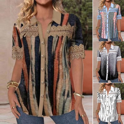 Kurzarm-T-Shirt Mit Blumendruck Und Stehkragen Lässiges Strand-T-Shirt Mit :