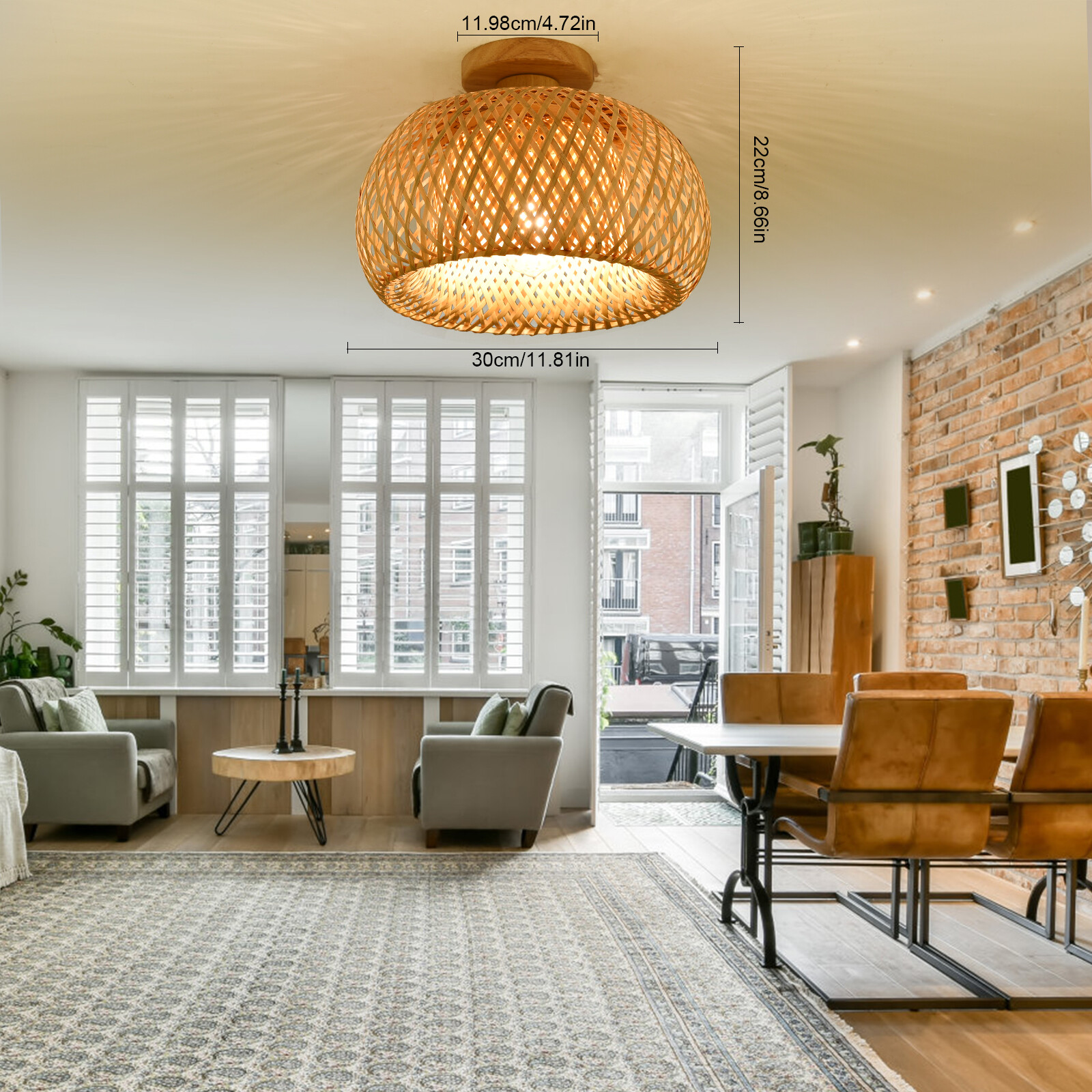 Ceiling Light Fixture Semi Flush Mount Lamp Vintage Bamboo Wicker Rattan Lantern