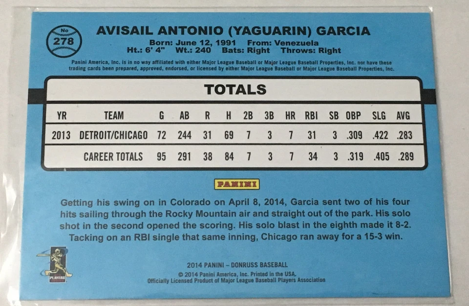 2014 Donruss Stat Line Career # 278 AVISAIL GARCIA ⚾ White Sox #/289 FREE SHIP - Image 2 of 2