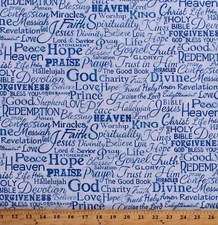 Cotton Christian Faith Words Phrases Christianity Blue Fabric Print BTY D757.26