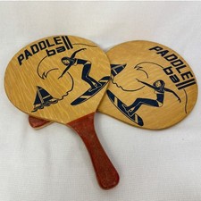 Vintage Paddle Ball Set Wood Beach Paddles Surfer Graphic Game Toy