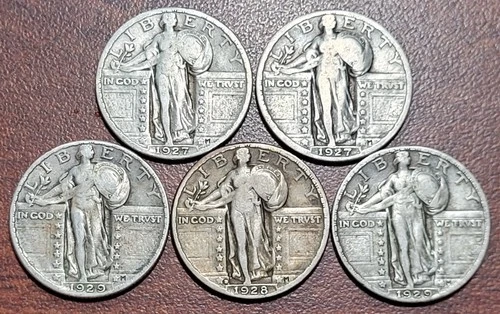 (5) Standing Liberty Quarters Better Grade Original Toning 1927 1928-S 1929 90%