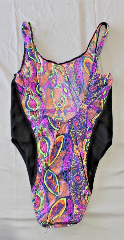 Vintage 90s SOLAR Tan Thru One Piece Swimsuit Multicolor Mesh Neon Medium READ - Image 4 of 4