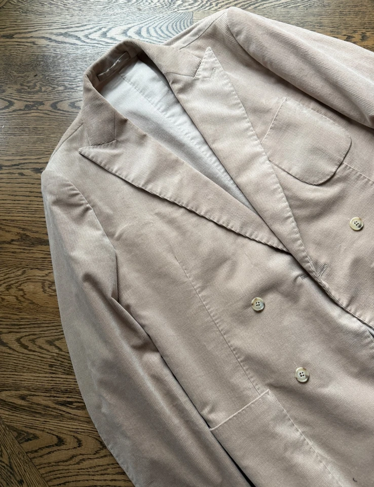 Custom Beige Marzoni Corduroy Sport Coat Double Breasted Patch Pockets 42L - Image 2 of 4
