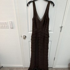 Xscape by Joanna Chen Brown Layered Sheer Mesh V-Neck Maxi Dress 8 X6477