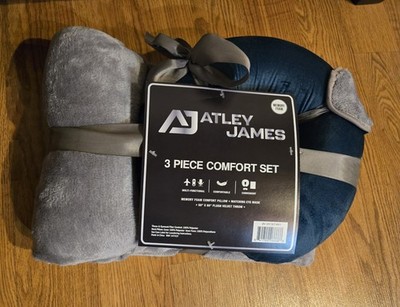 Atley James 3pc Comfort Set Memory Foam Pillow Eye Mask 50x60 Velvet Throw