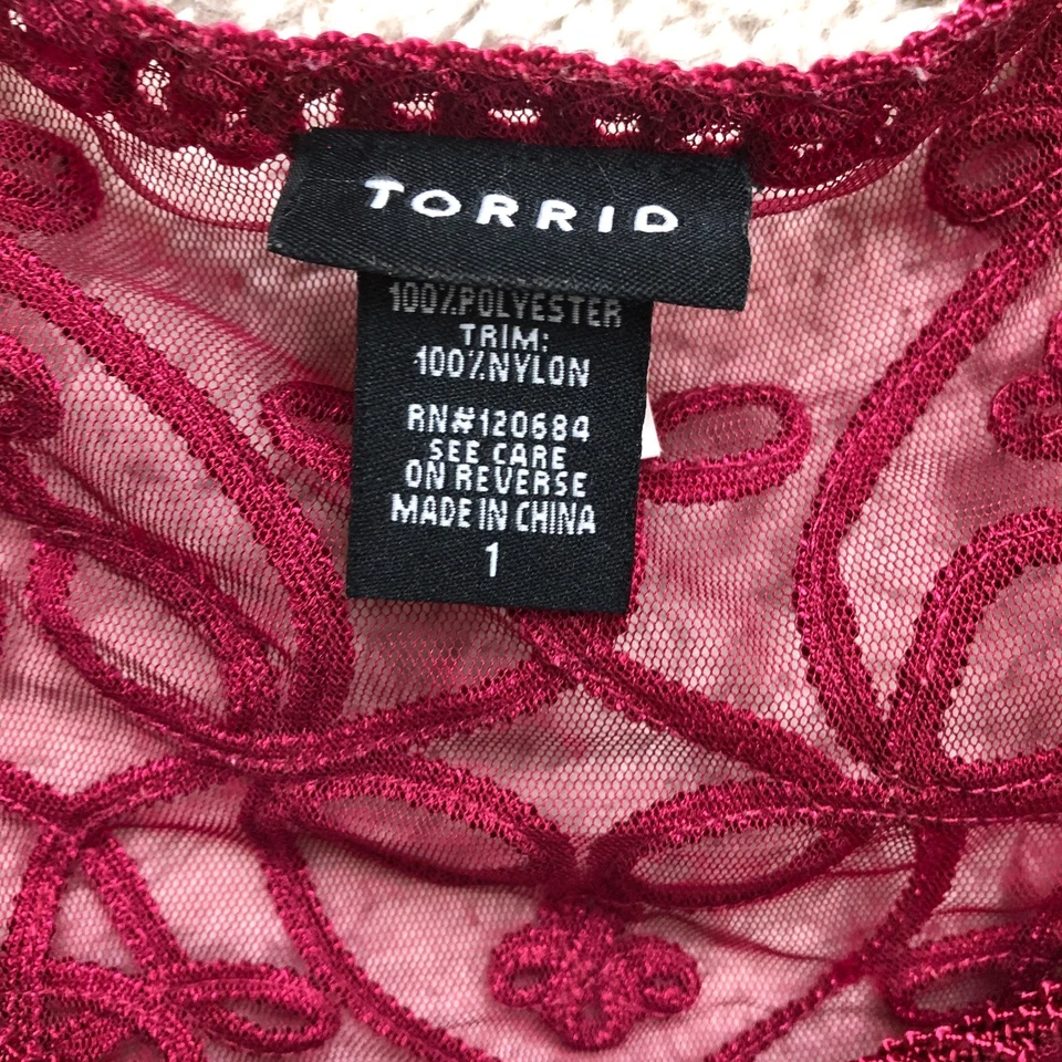 Torrid Tank Top Shirt 1X Adult Plus Red Sheer Embroidered Floral Scallop Womens - Image 3 of 4