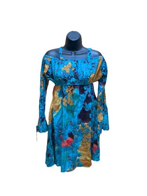 NWT: NWT Bhags Boho Cold Shoulder Blouse Blue Floral Bell Sleeve Smocked Top S/M