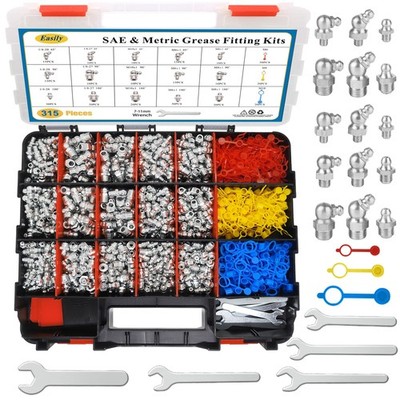 315 PCS Grease Fittings Assortment, SAE & Metric Zerk Grease Fittings Straigh...