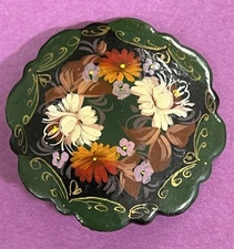 Vintage Russian Folk Art Brooch Pin Flowers Black Lacquer Hand Signed Scalloped