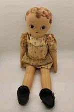 Vintage 1950s Handmade 15" Hand Painted Cloth Rag Doll w/ Dress & Leather Shoes