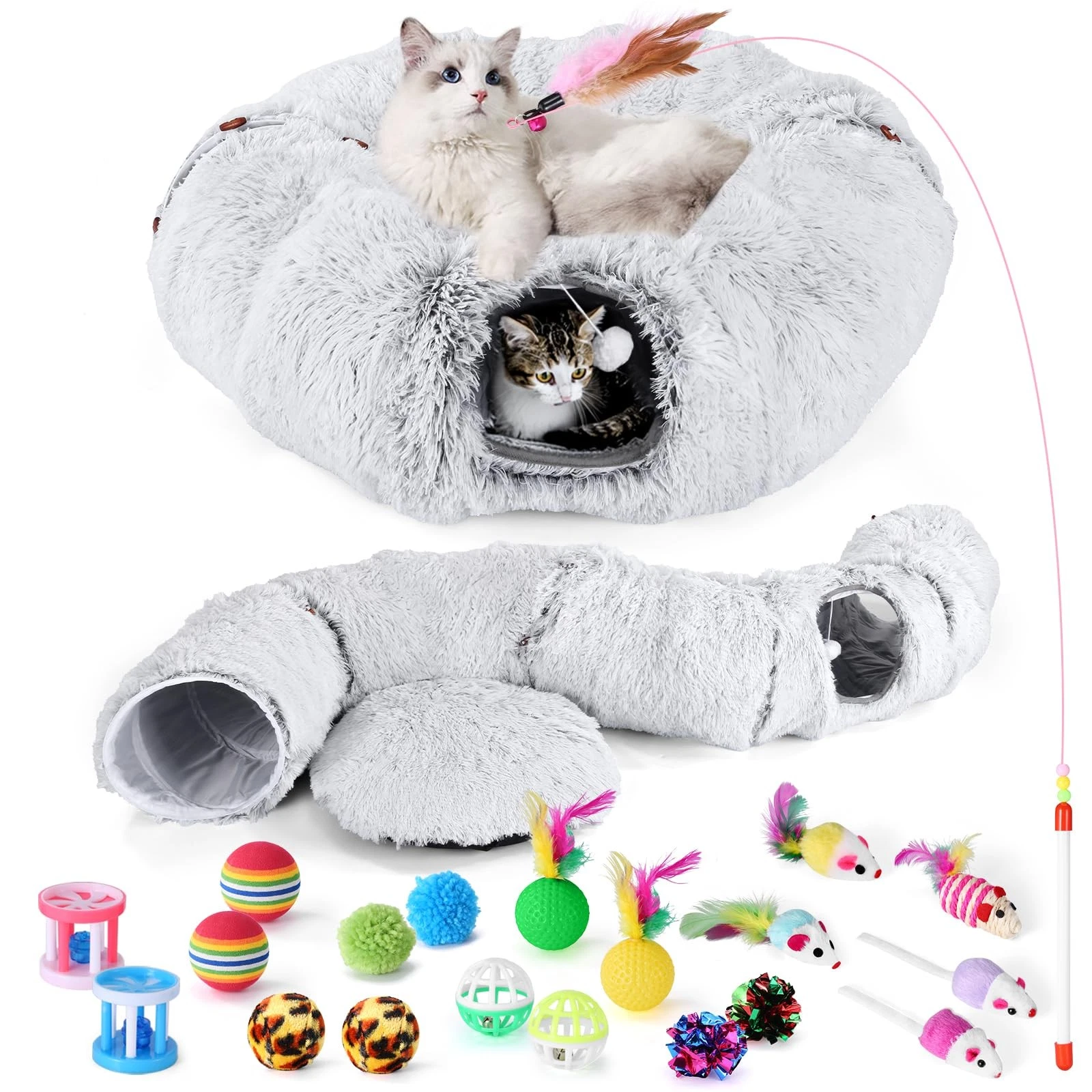 Cat Tunnel Bed with 20 Cat Toys - Indoor Plush Kitten Couch,Detachable Cats C...