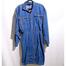 VTG Denim Full Zip Dress Long Sleeve Utility Chest Pockets XL Glamoratti