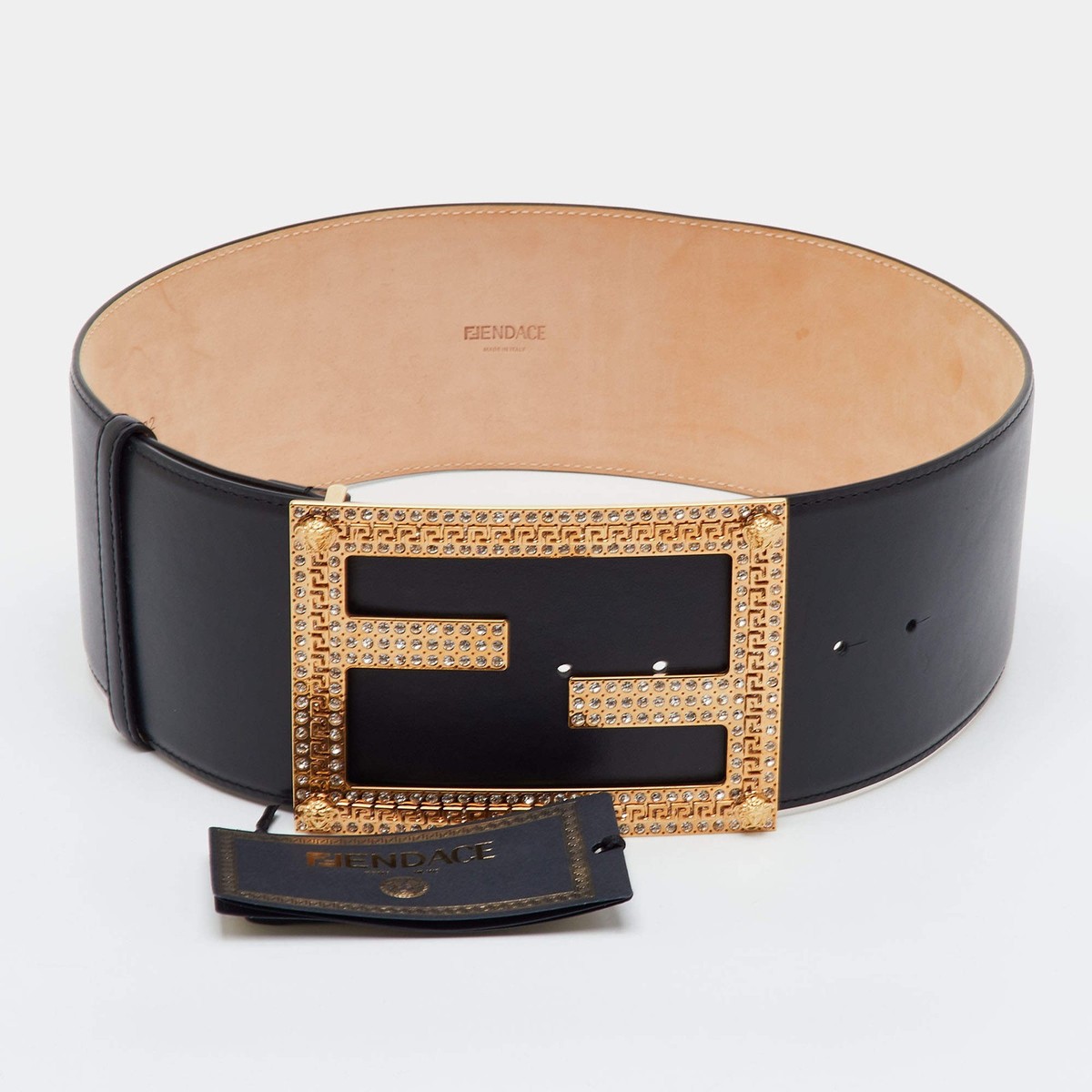 Fendi 80CM Black Leather Fendace Crystal Embellished Wide Belt | eBay