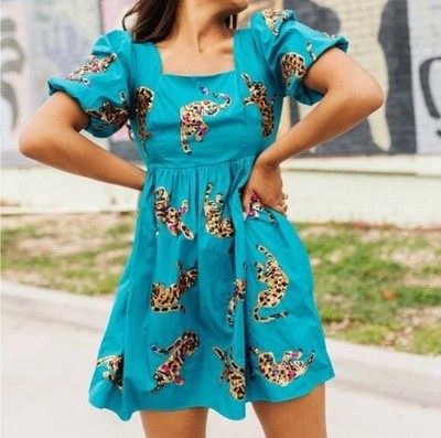 Queen Of Sparkles Turquoise Leapin' Leopards Sequined Jeweled Mini Dress Sz S