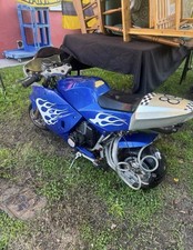 Blue Mini Motorcycle Gas Scooter with Racing Decals, Flame Graphics, Number 89