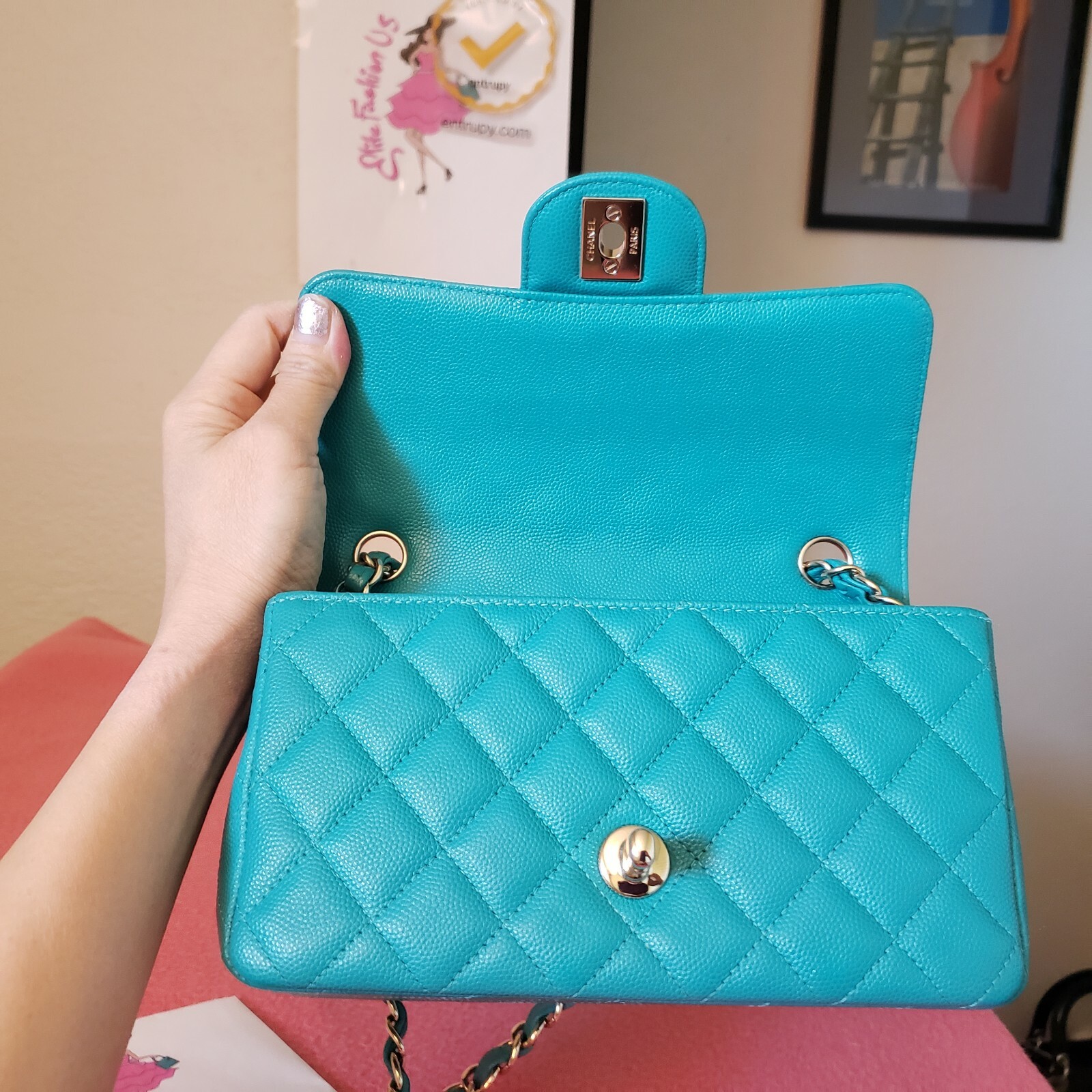 Chanel Classic mini Rectangular  turquoise blue C… - image 4