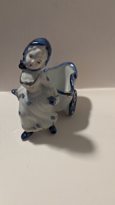 Vintage Porcelain Girl Pulling A Barrel Planter