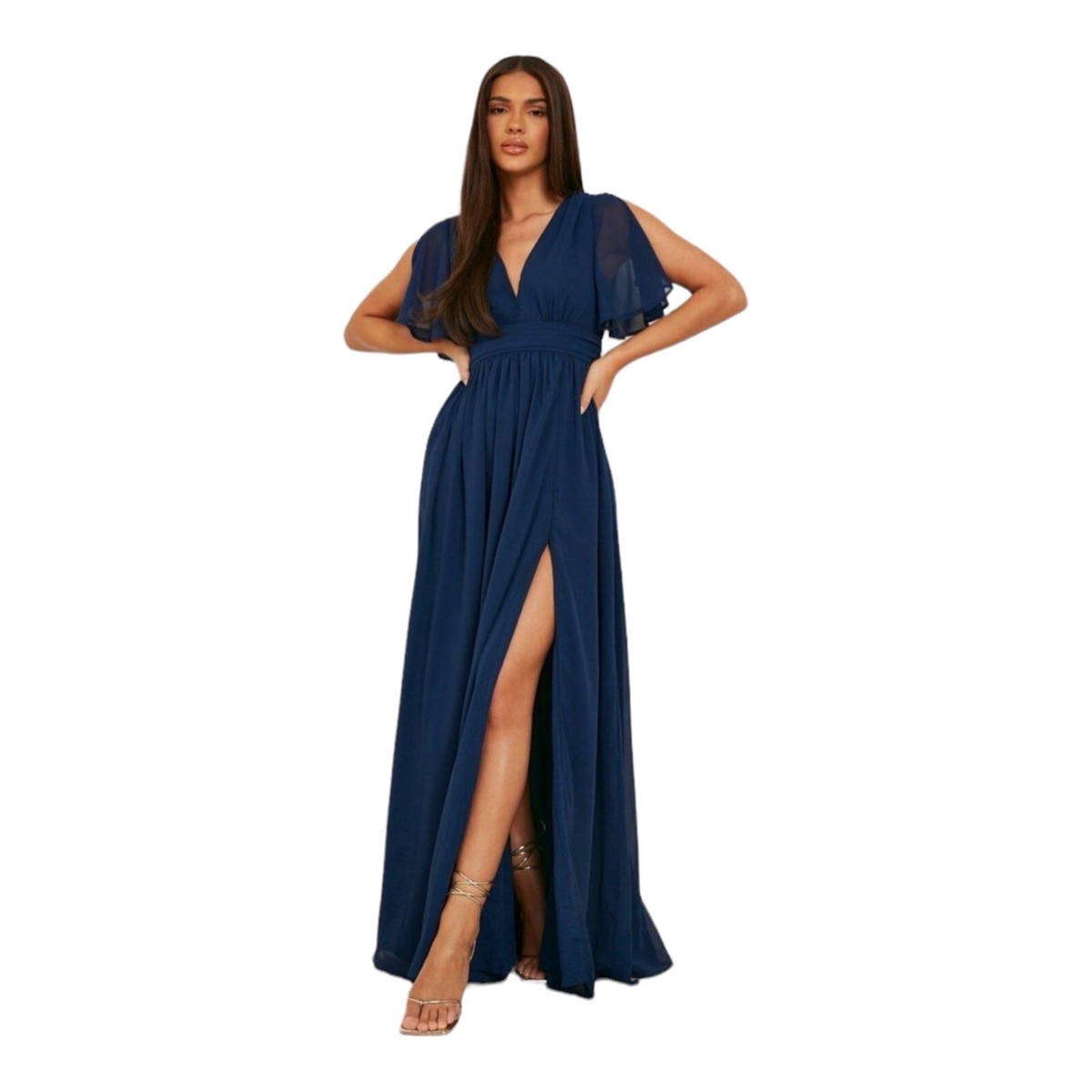 Boohoo Chiffon Angel Sleeve Maxi Open Side Dress Navy Blue Women's 10 New |  eBay