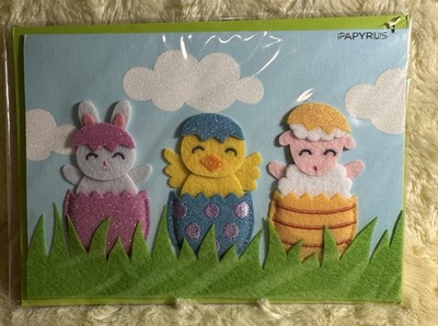 Papyrus Easter Card 3D Die Cut Felt Cracked Egg Bunny Chick Lamb Glitter Clouds