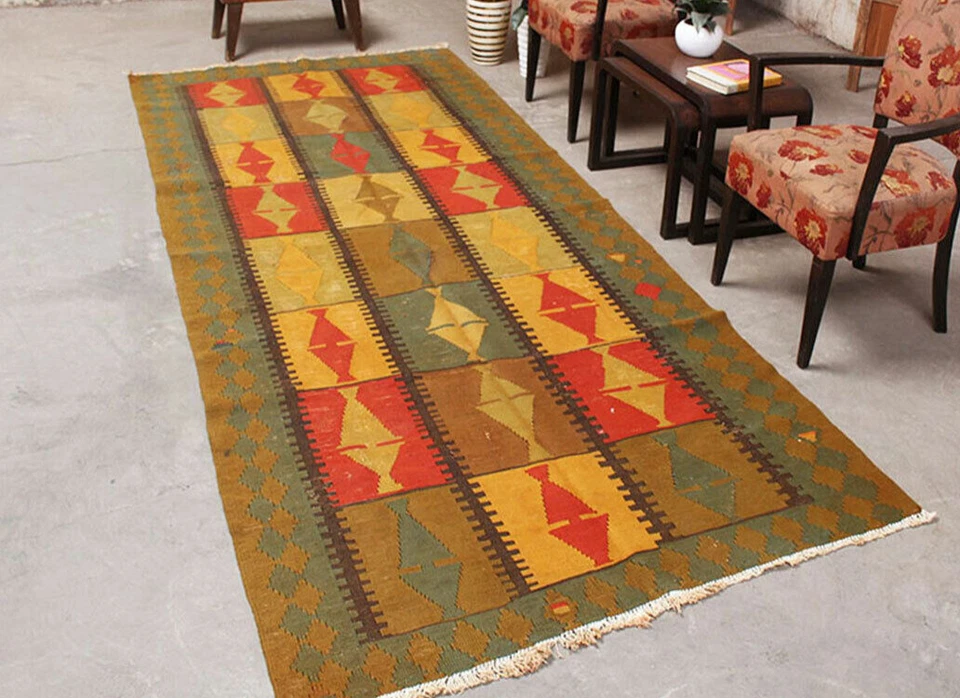 Alfombra geométrica de lana Kilim hecha a mano plana descolorida vintage 4x11 nudo a mano Foto 2 de 4