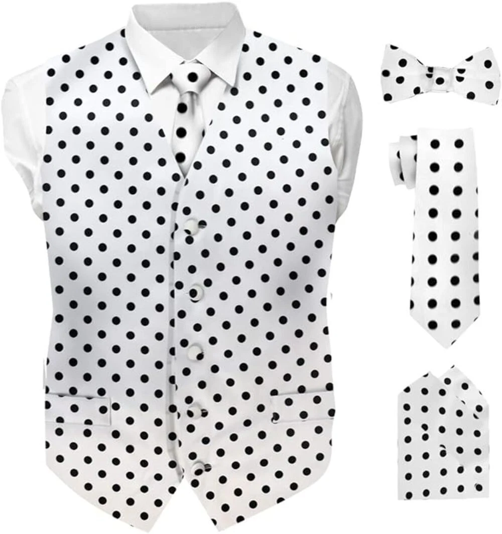 Vittorio Farina Polka Dot Satin Vest Set: Bowtie, Necktie & Hanky