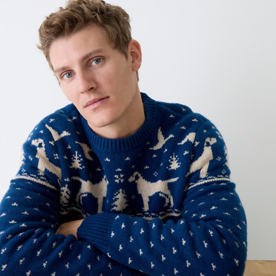 NWT J.Crew 100% Wool Labrador Dog Blue Sweater Fair Isle Winter