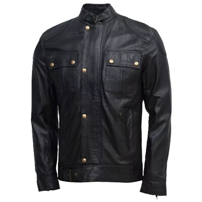 Men's Black 100% Genuine Lambskin Leather Motorcylcle Winter OuterWear Jacket