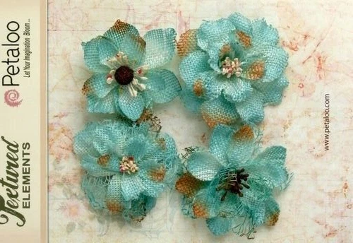 Flores de arpillera 4 x TEAL aprox 55-60 mm de ancho y centros variados Petaloo BUR K Foto 2 de 3