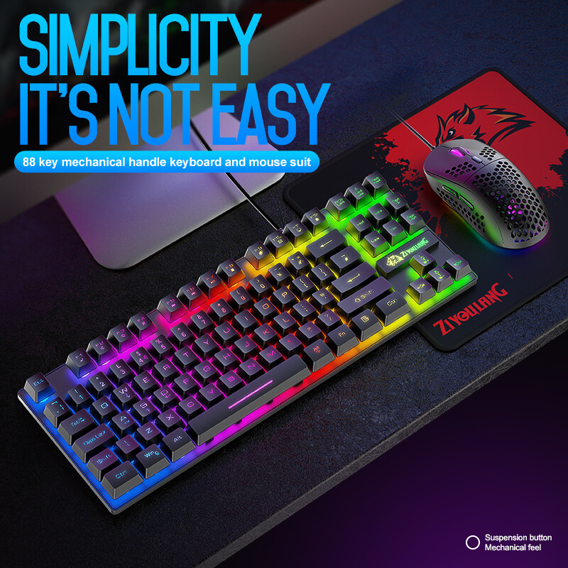 Gaming Keyboard and Mouse Combo 88 Keys Rainbow Backlit Mechanical Feel for  PC