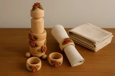 Vintage Wooden Napkin Ring Set with Hand-Carved Roses Rustic Floral Table Decor