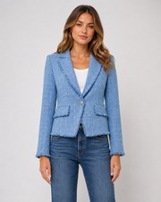 Veronica Beard Hosanna Dickey Jacket Blue Tweed Fringe Blazer Silver Button 0
