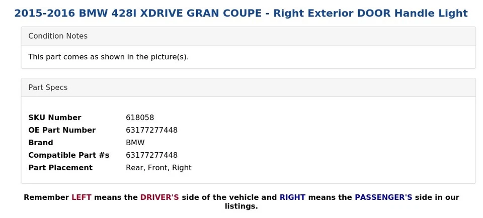 2015-2016 BMW 428I XDRIVE GRAN COUPE - Right Exterior DOOR Handle Light - Image 4 of 4