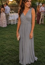 Lulus Blue Gray V-neck Tie Back Stretch Wedding Guest Dress Maxi Medium New