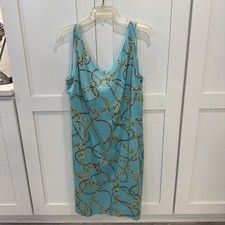 Tahari Aqua Chain Print Dress V Neck Sleeveless Above Knee Lined Women’s Sz 14