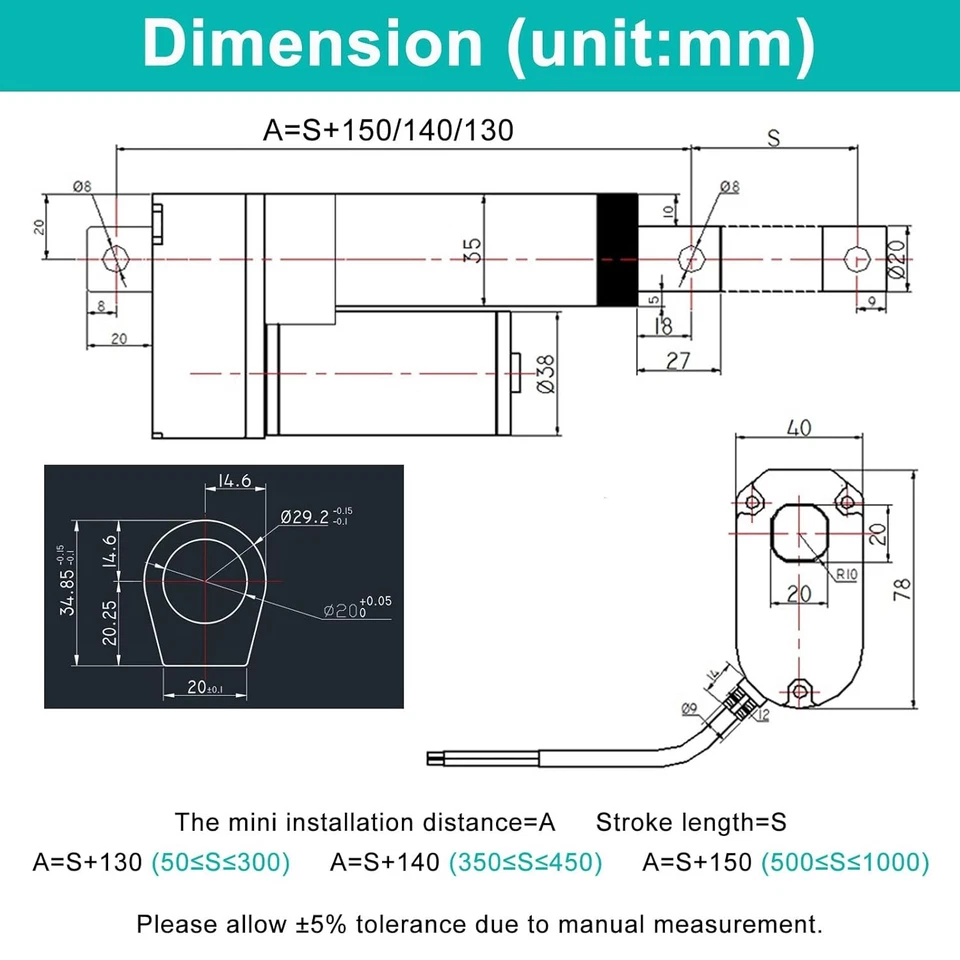 DC 12V Linear Actuator Heavy Duty 2"~40" Long Stroke 6inch 8in 3000N Waterproof - Image 3 of 4