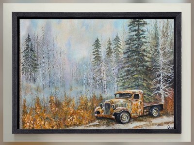 Original Canvas Acrylic Painting ''Abandoned Old Truck'' Framed 16''X 20'' 