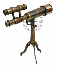 Handmade Nautical Antique Brass Telescope Double Barrel With Tripod Stand