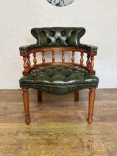 Vintage Green Leather Captain’s Chair - Chesterfield Style Desk Library Armchair
