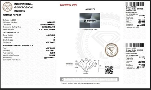 IGI CERTIFIED 0.54 Ct 100% Natural Diamond Loose Brilliant Round K/I1 Grade 5 mm