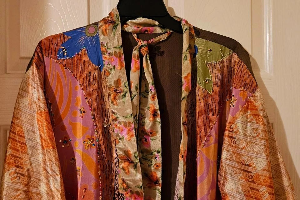 Bata Kimono Art Silk~ Para Mujer Talla Única~ Kimono con Corbata~Floral~Cuentas~Naranja,Beige - Imagen 2 de 4